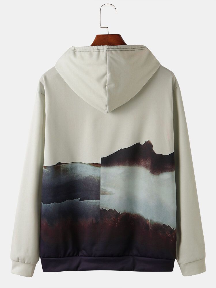 Mountain Scenery Print Känguru Pocket Dragsko Pullover Hoodies