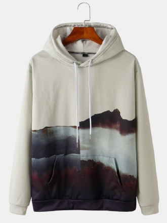 Mountain Scenery Print Känguru Pocket Dragsko Pullover Hoodies