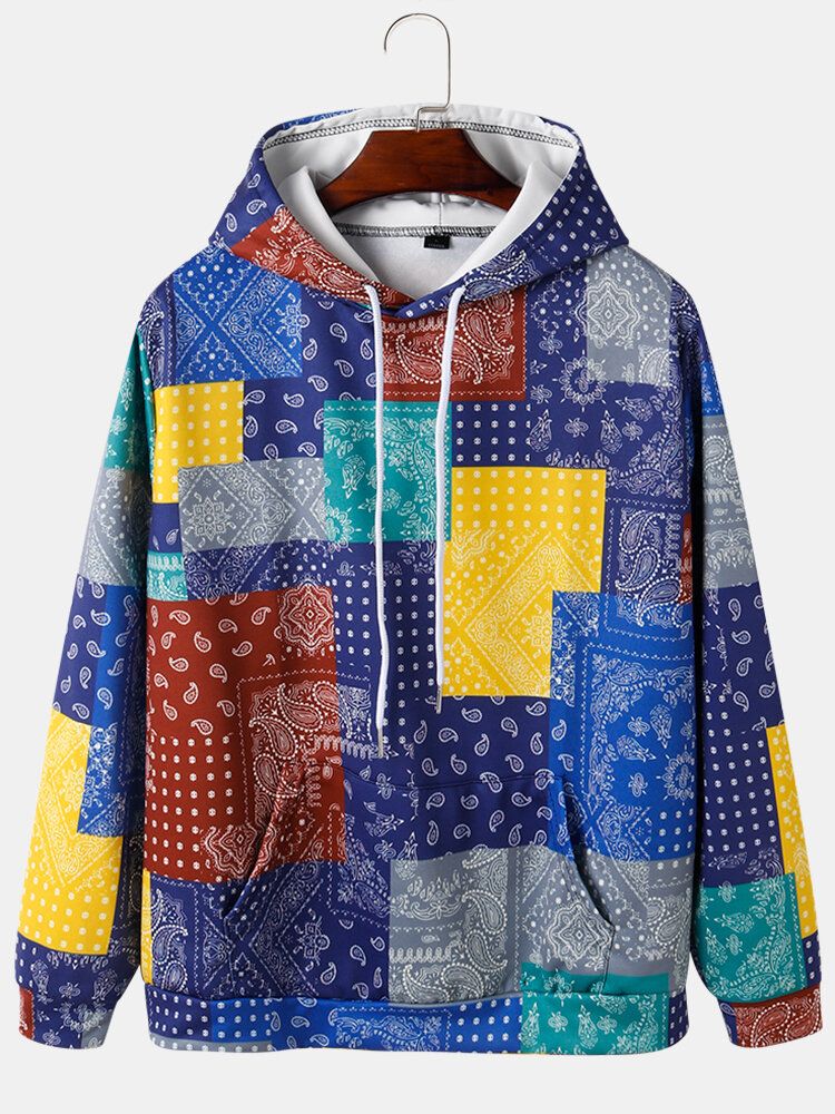 Paisley Print Colorblock Kangaroo Pocket Hoodies För Män