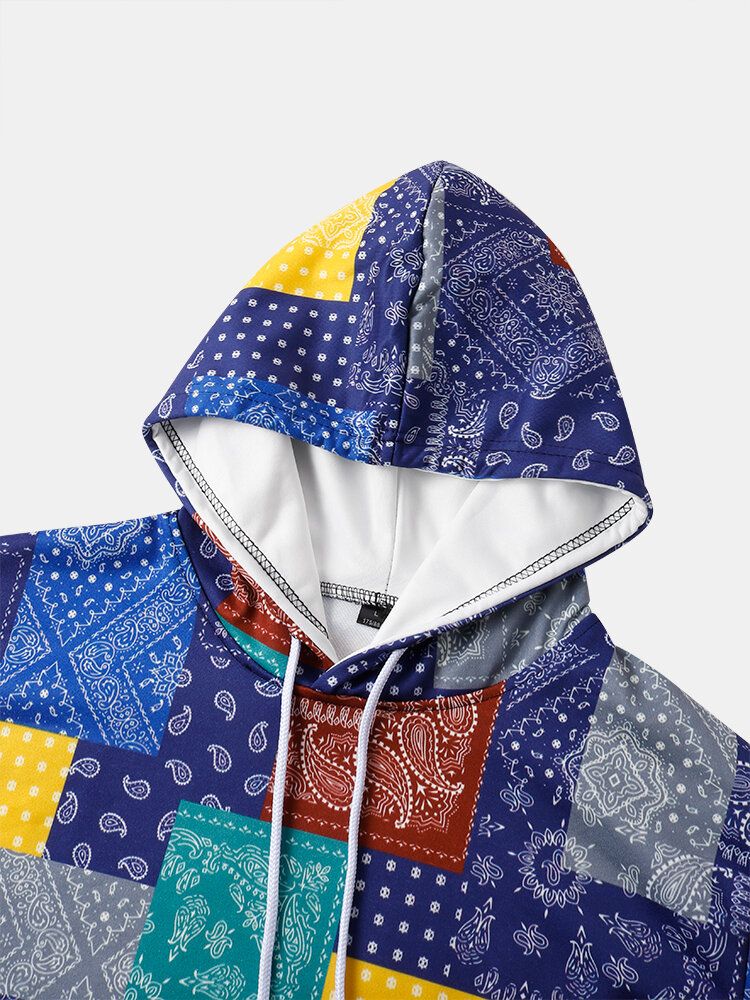 Paisley Print Colorblock Kangaroo Pocket Hoodies För Män