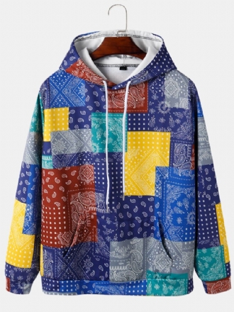 Paisley Print Colorblock Kangaroo Pocket Hoodies För Män