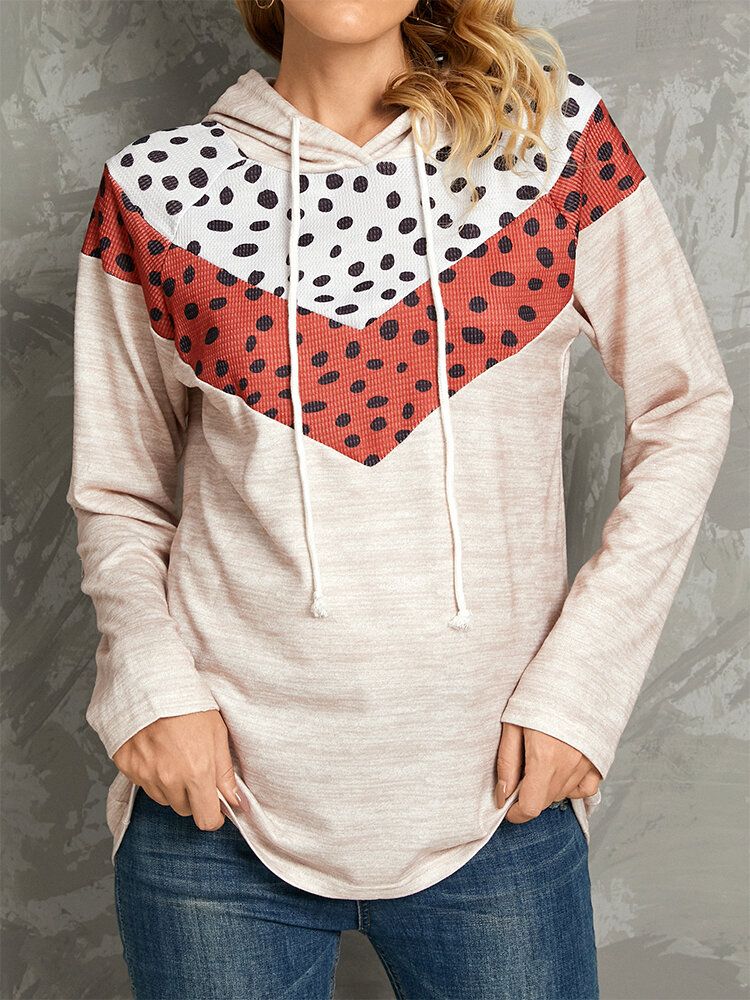 Polkadottryck Patchwork Casual Dragsko Långärmad Luvtröjor Med Rund Hals