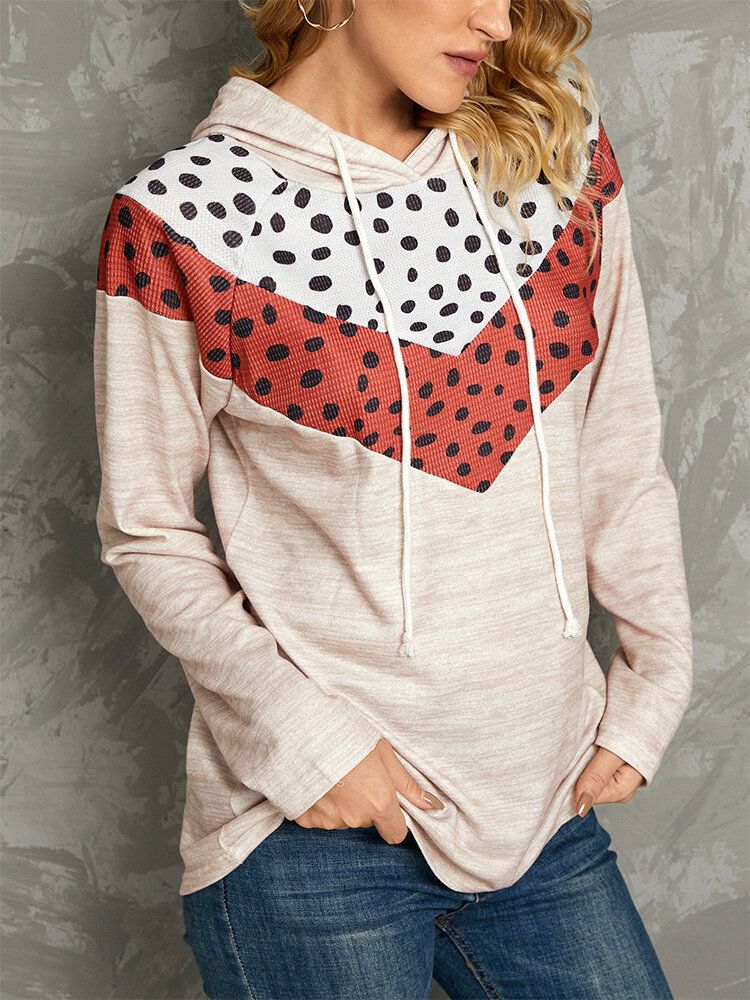 Polkadottryck Patchwork Casual Dragsko Långärmad Luvtröjor Med Rund Hals