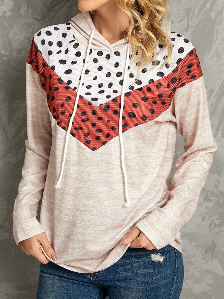 Polkadottryck Patchwork Casual Dragsko Långärmad Luvtröjor Med Rund Hals