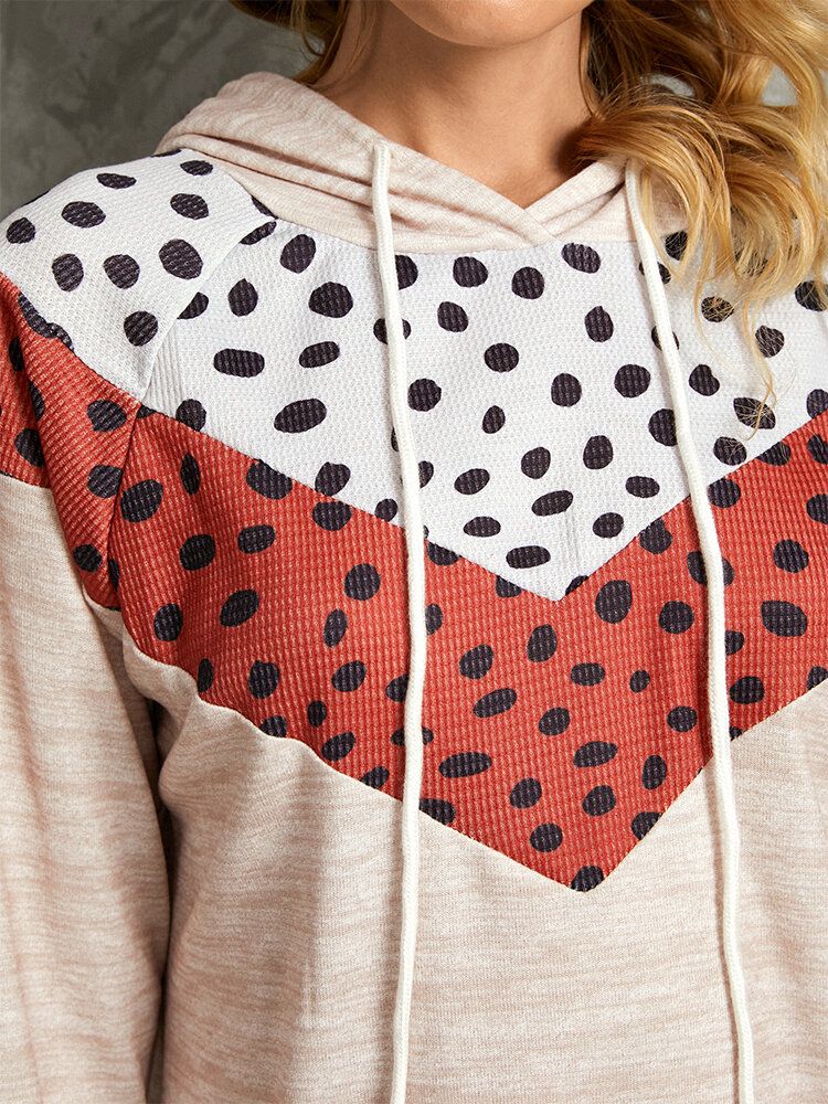 Polkadottryck Patchwork Casual Dragsko Långärmad Luvtröjor Med Rund Hals