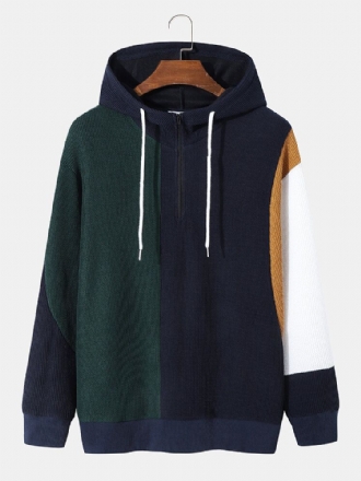 Preppy Style Color Block Hood-tröja Med Halv Dragkedja För Män