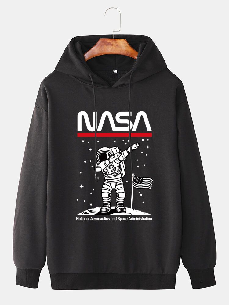 Rolig Astronaut För Män Med Tryck Drop Shoulder Bomull Casual Hoodies