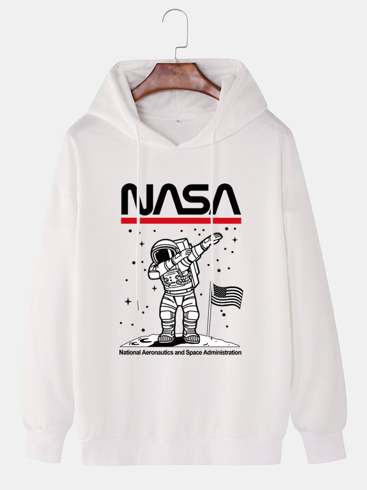 Rolig Astronaut För Män Med Tryck Drop Shoulder Bomull Casual Hoodies