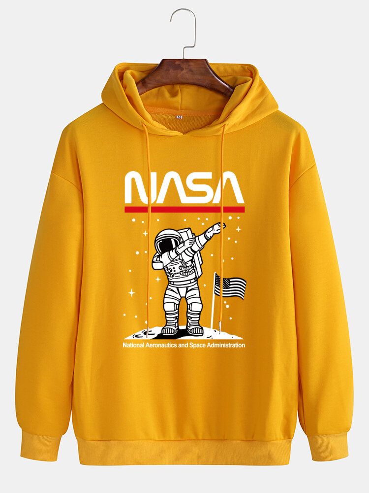 Rolig Astronaut För Män Med Tryck Drop Shoulder Bomull Casual Hoodies