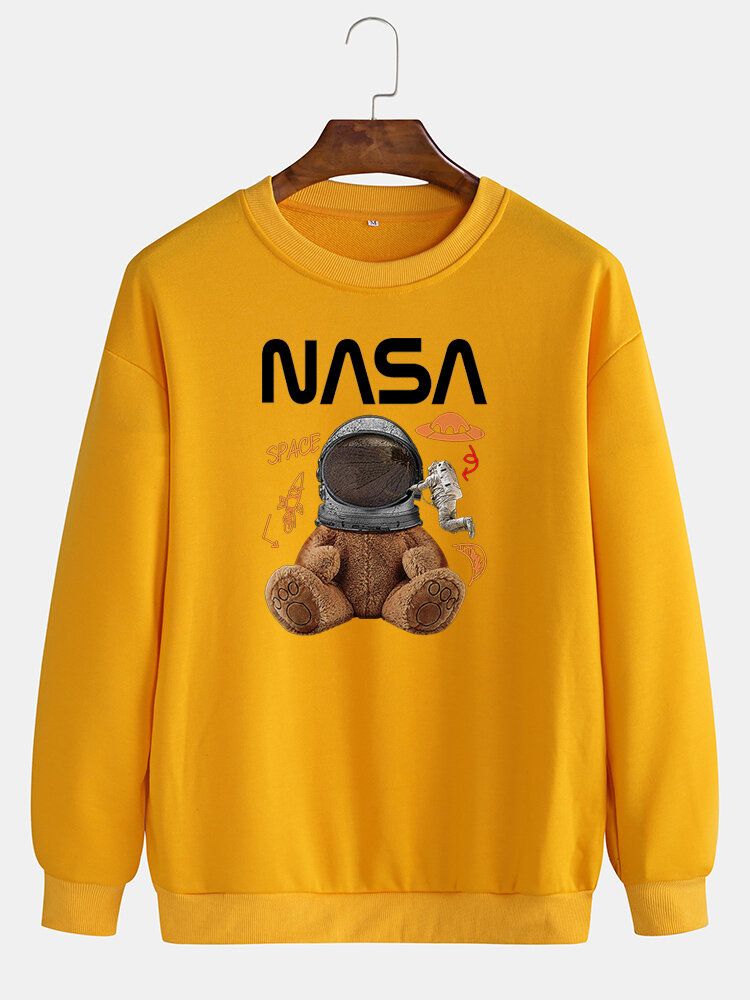 Rolig Dockabjörn För Män Astronauttryck Pullover Drop Shoulder Sweatshirts