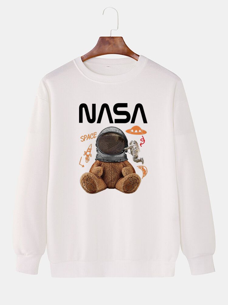 Rolig Dockabjörn För Män Astronauttryck Pullover Drop Shoulder Sweatshirts