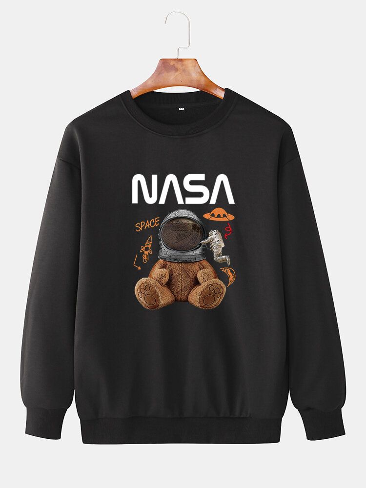 Rolig Dockabjörn För Män Astronauttryck Pullover Drop Shoulder Sweatshirts