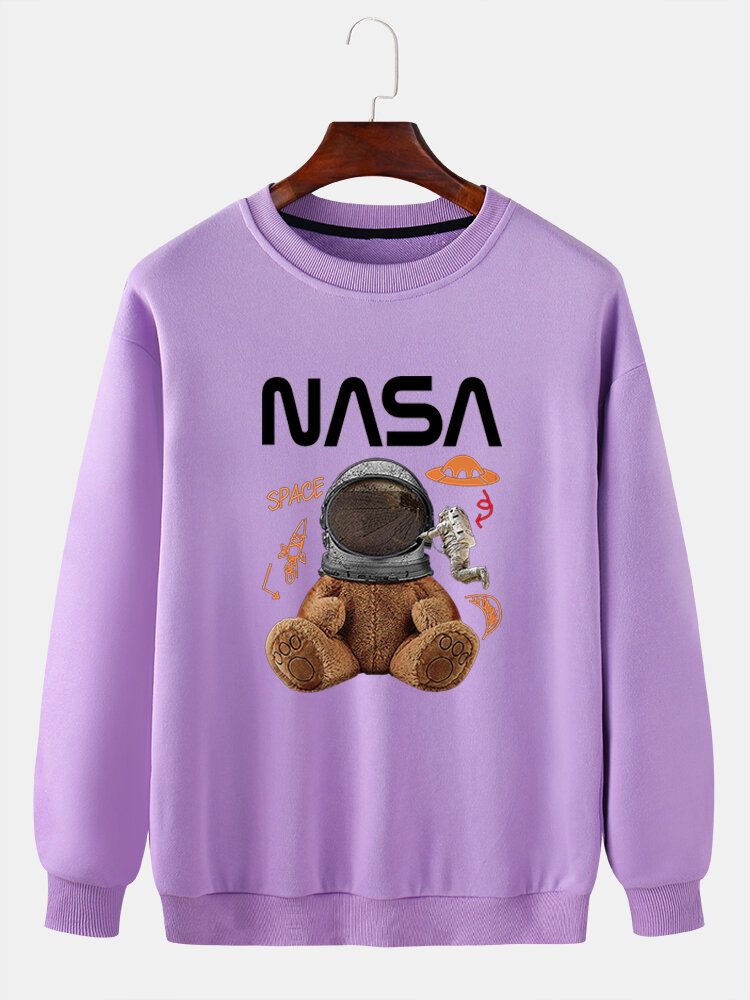 Rolig Dockabjörn För Män Astronauttryck Pullover Drop Shoulder Sweatshirts