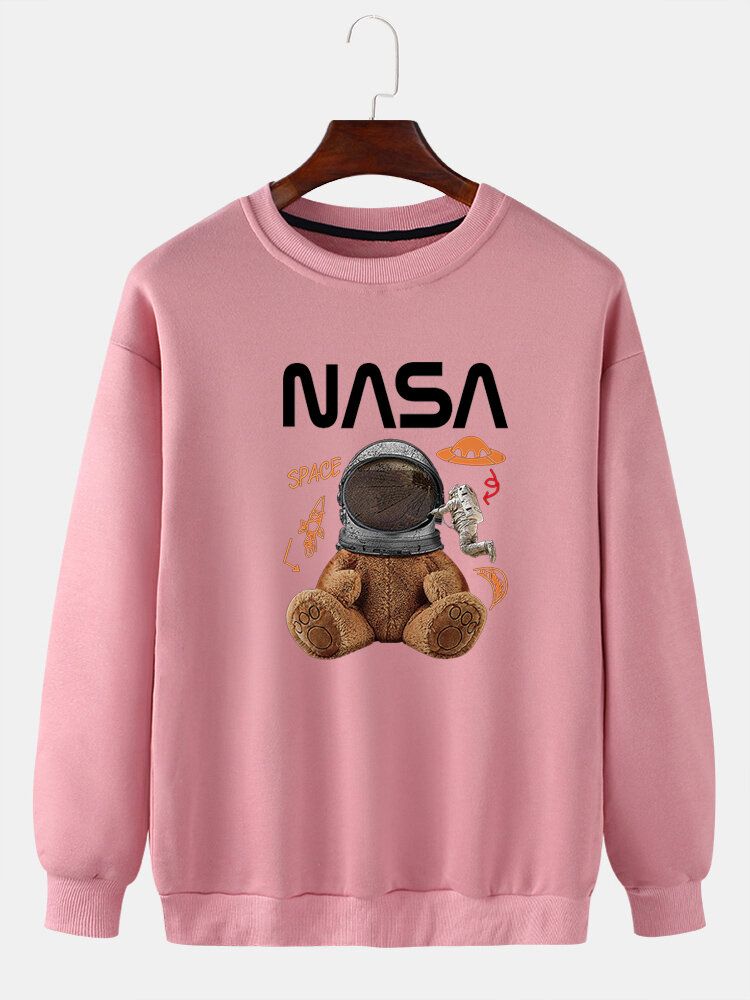 Rolig Dockabjörn För Män Astronauttryck Pullover Drop Shoulder Sweatshirts