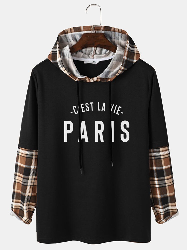 Rutig Skarvningsärm Paris Hoodie Med Bokstavstryck För Män