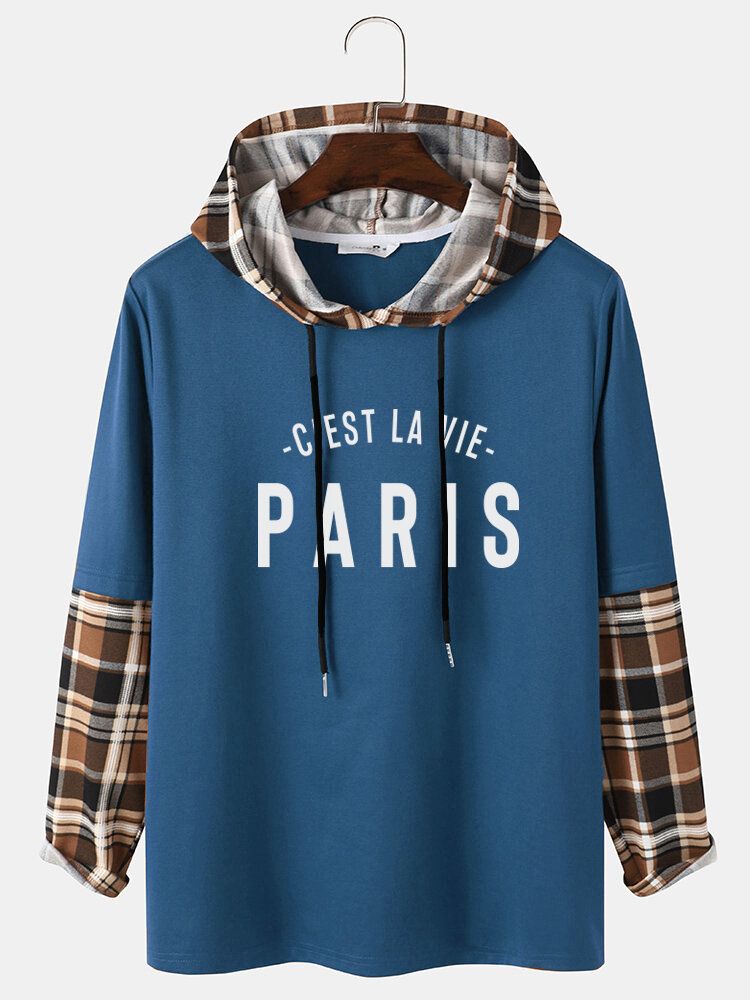 Rutig Skarvningsärm Paris Hoodie Med Bokstavstryck För Män