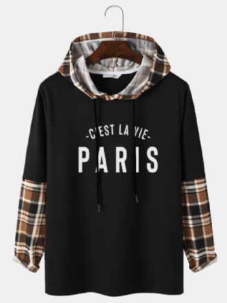 Rutig Skarvningsärm Paris Hoodie Med Bokstavstryck För Män