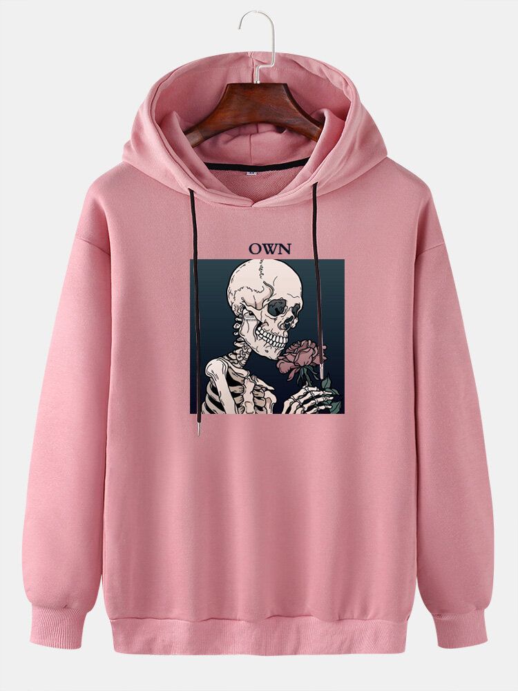 Skeleton Ros För Män Grafiskt Brevtryck Casual Drop Shoulder Dragsko Hoodies