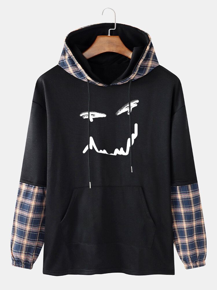 Smile Print Pläd Patchwork Faux Twinset Hoodies