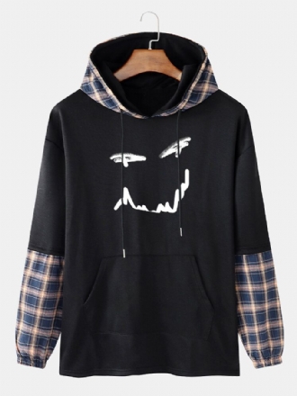 Smile Print Pläd Patchwork Faux Twinset Hoodies