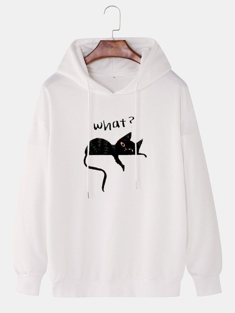 Söt Katt För Män Letter Print Drop Shoulder Casual Huvtröjor Med Dragsko