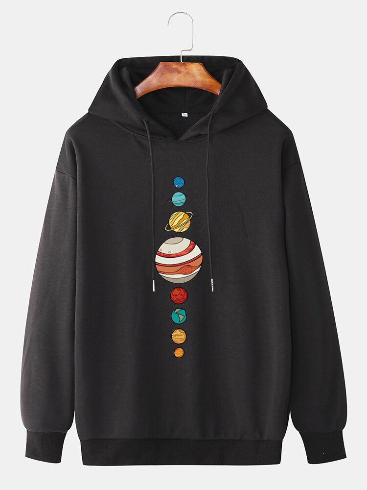 Söt Multi Planet Print Drop Shoulder Långärmad Casual Hoodies För Män