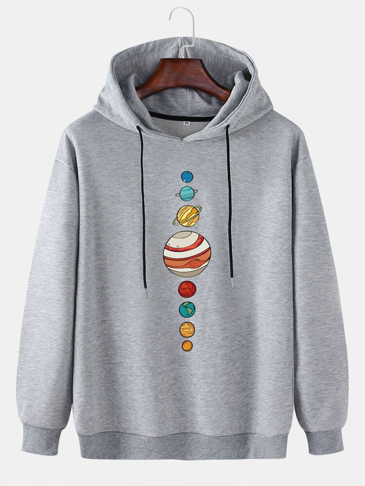 Söt Multi Planet Print Drop Shoulder Långärmad Casual Hoodies För Män