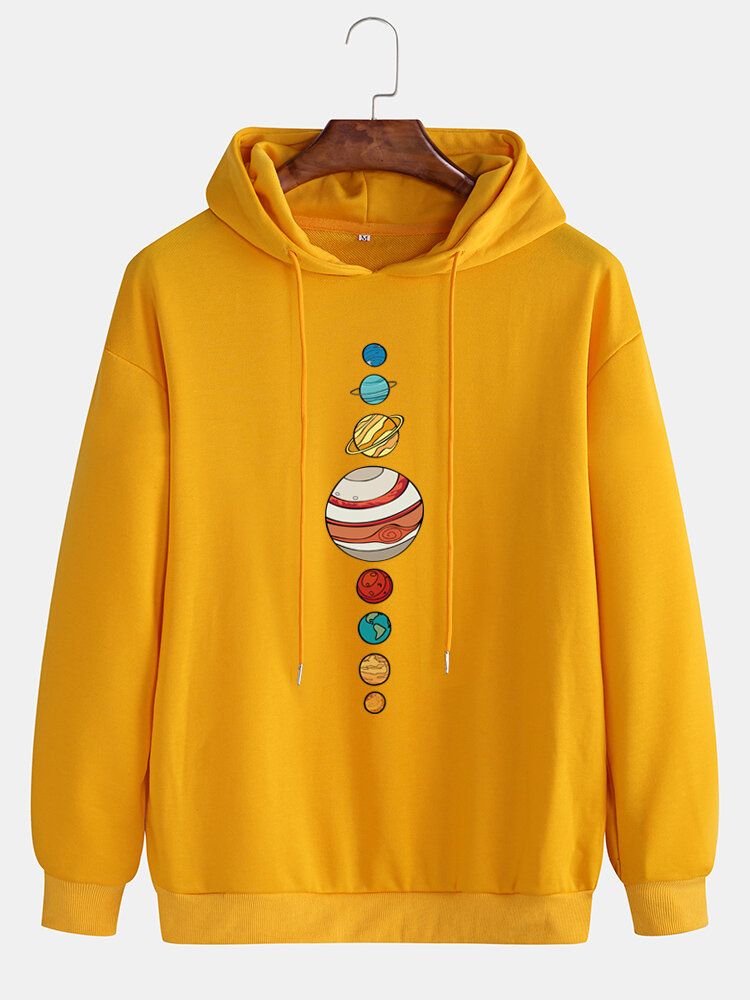 Söt Multi Planet Print Drop Shoulder Långärmad Casual Hoodies För Män