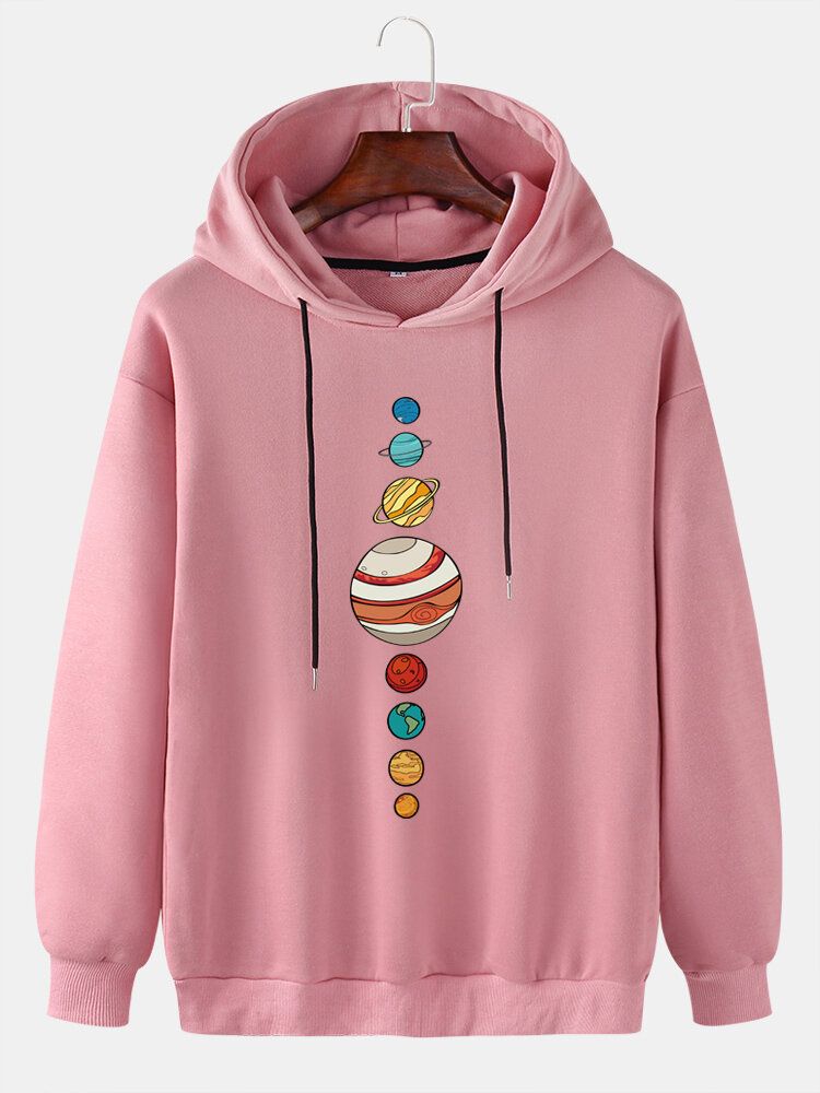 Söt Multi Planet Print Drop Shoulder Långärmad Casual Hoodies För Män