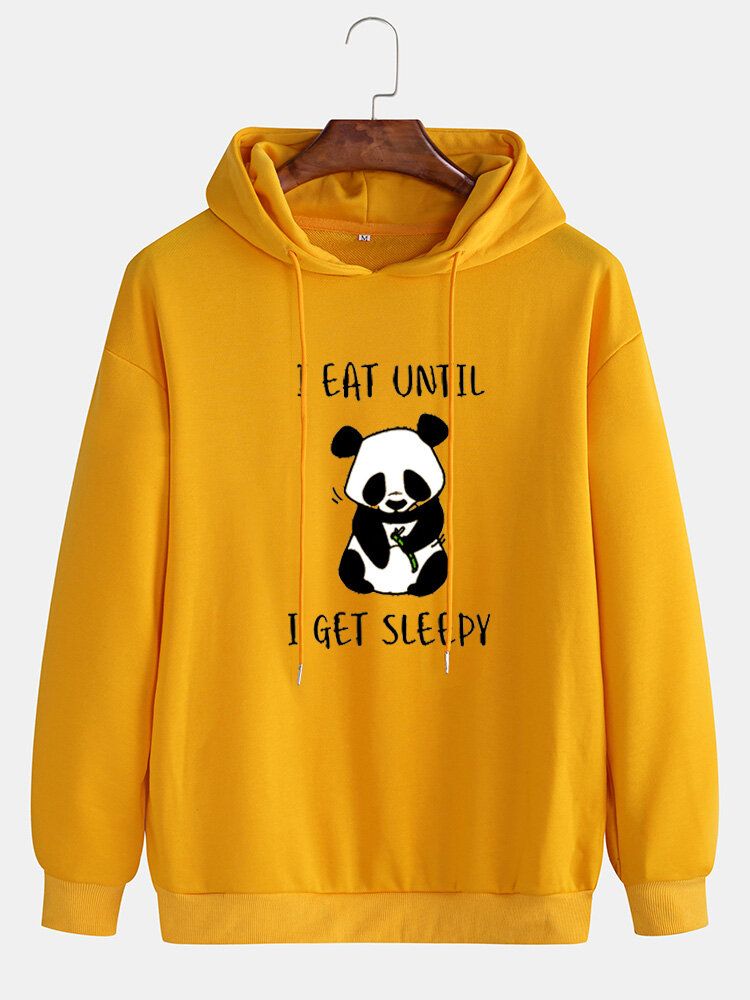 Söt Tecknad Panda För Män Slogan Tryck Drop Shoulder Dragsko Hoodies