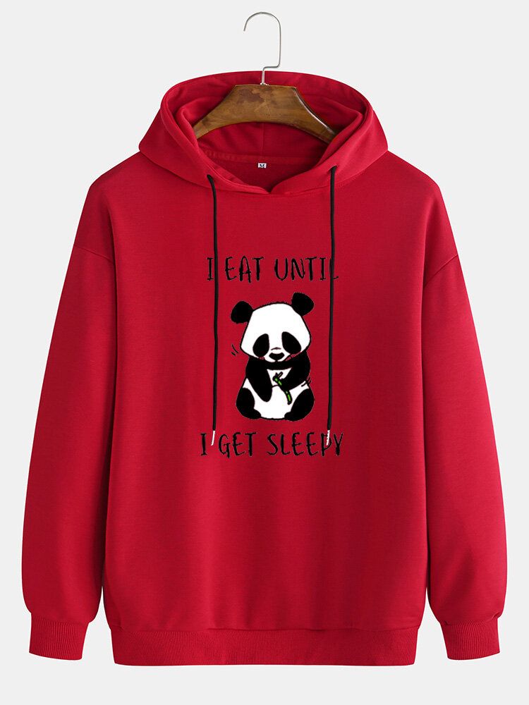 Söt Tecknad Panda För Män Slogan Tryck Drop Shoulder Dragsko Hoodies