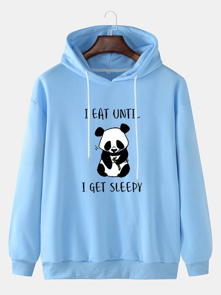 Söt Tecknad Panda För Män Slogan Tryck Drop Shoulder Dragsko Hoodies