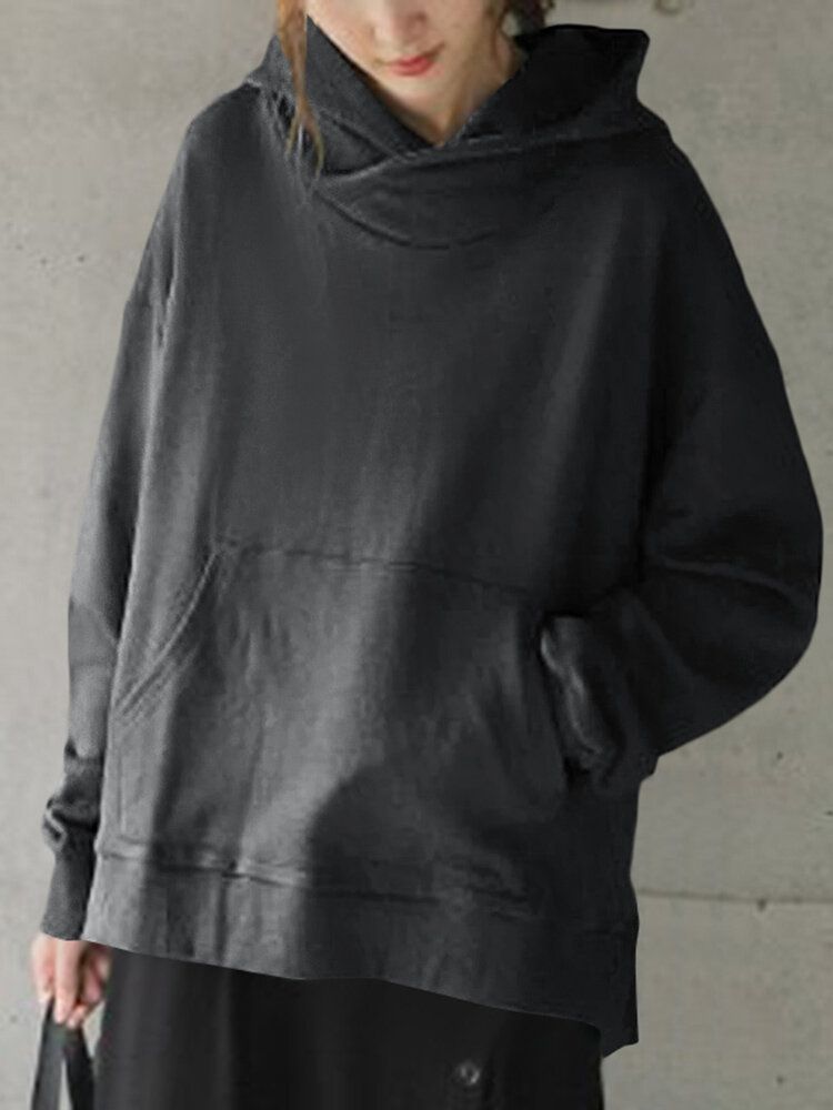 Solid Enkel Frontficka Loose Fit Split Hem Hoodie För Dam