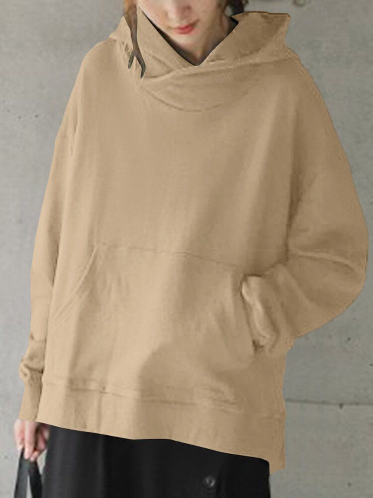 Solid Enkel Frontficka Loose Fit Split Hem Hoodie För Dam