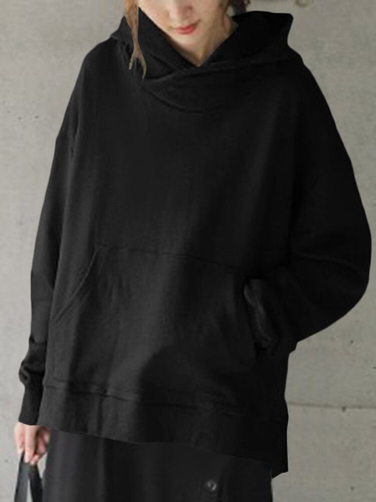 Solid Enkel Frontficka Loose Fit Split Hem Hoodie För Dam