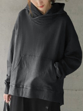 Solid Enkel Frontficka Loose Fit Split Hem Hoodie För Dam