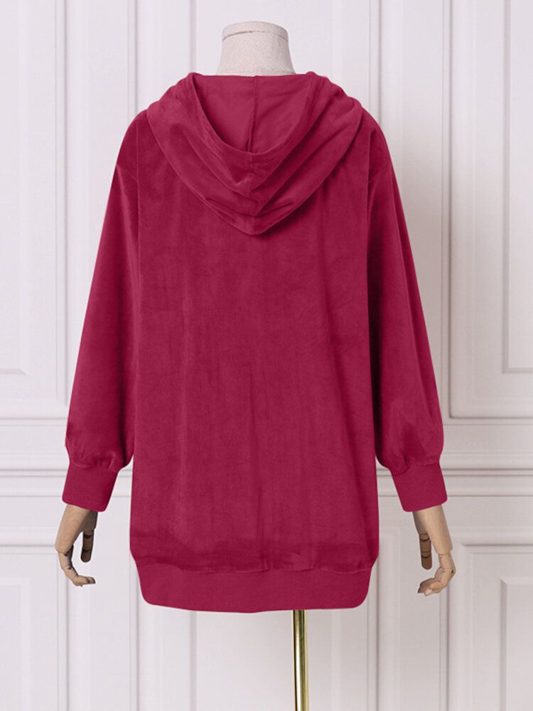 Solid Puff Sleeve Simple Velvet Sweatshirt Med Främre Ficka