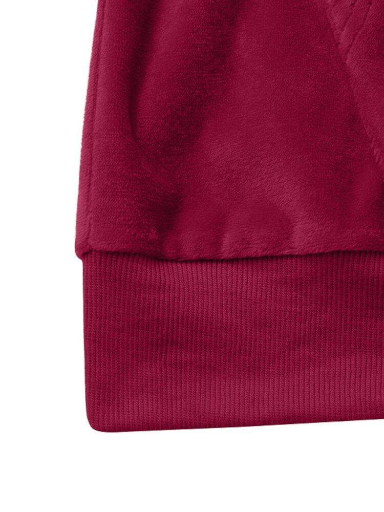 Solid Puff Sleeve Simple Velvet Sweatshirt Med Främre Ficka