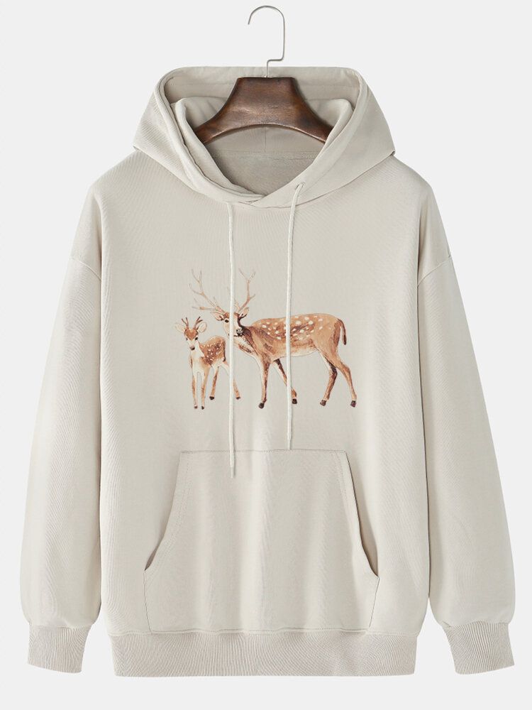 Tecknad Älgtryck För Män För Män Med Drop Shoulder Kangaroo Pocket Hoodies