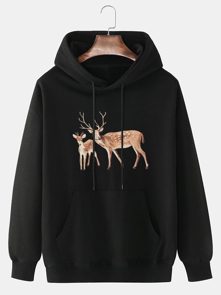 Tecknad Älgtryck För Män För Män Med Drop Shoulder Kangaroo Pocket Hoodies