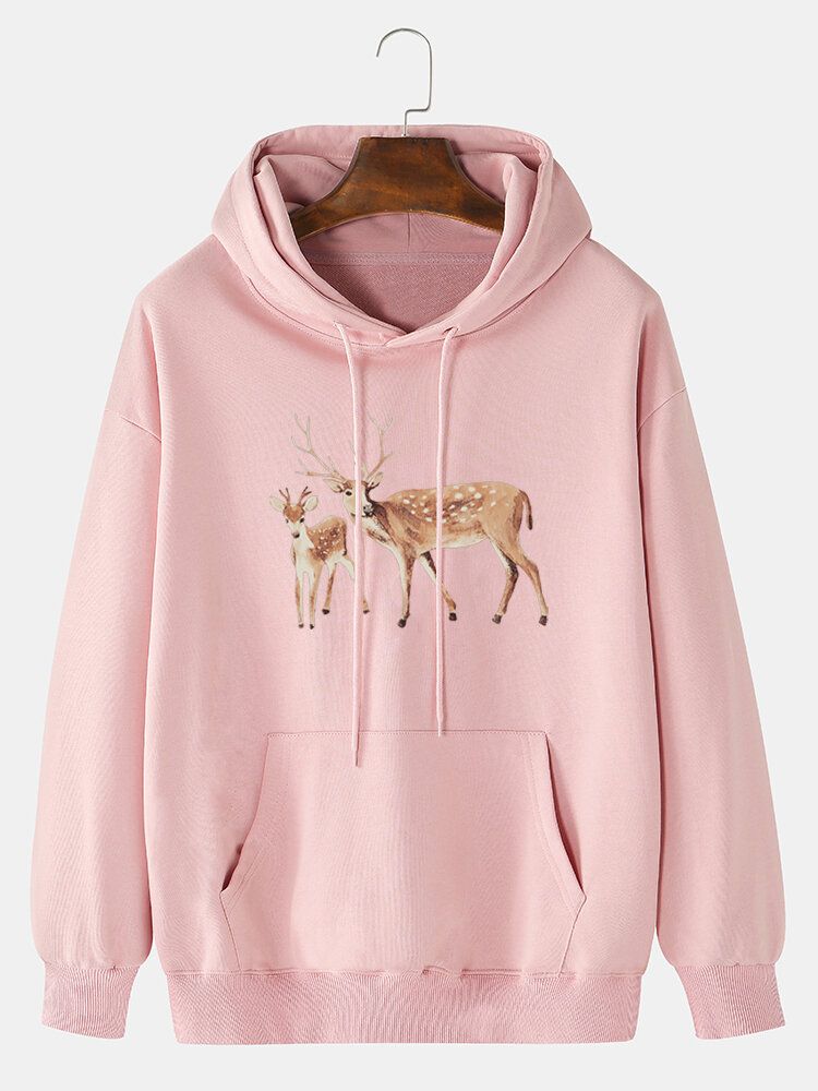 Tecknad Älgtryck För Män För Män Med Drop Shoulder Kangaroo Pocket Hoodies