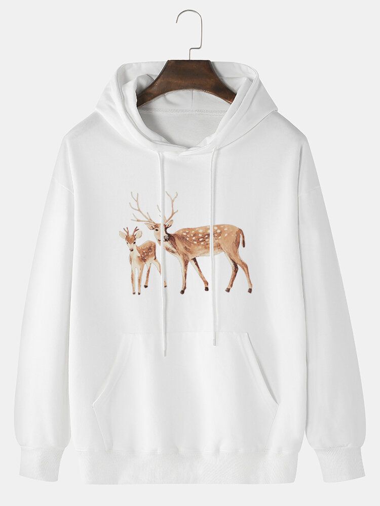 Tecknad Älgtryck För Män För Män Med Drop Shoulder Kangaroo Pocket Hoodies