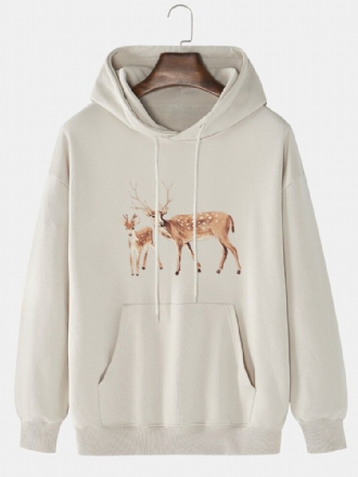 Tecknad Älgtryck För Män För Män Med Drop Shoulder Kangaroo Pocket Hoodies