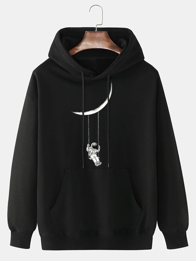 Tecknad Astronauttryck För Herr I Fast 100% Bomull Casual Pullover Hoodie