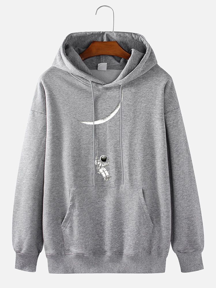 Tecknad Astronauttryck För Herr I Fast 100% Bomull Casual Pullover Hoodie