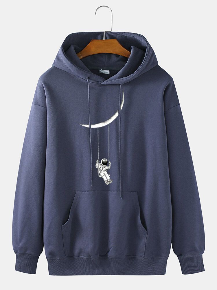 Tecknad Astronauttryck För Herr I Fast 100% Bomull Casual Pullover Hoodie