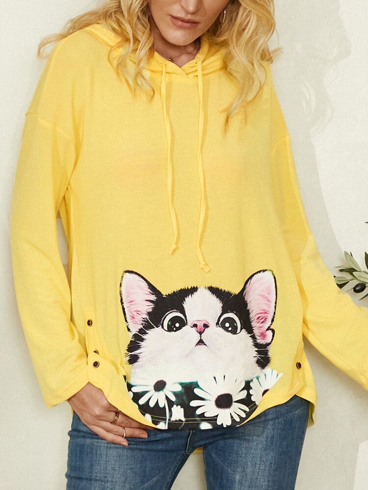 Tecknad Katt Blomma Tryck Sidoknapp Dragsko Böjd Fåll Pullover Hoodie För Dam