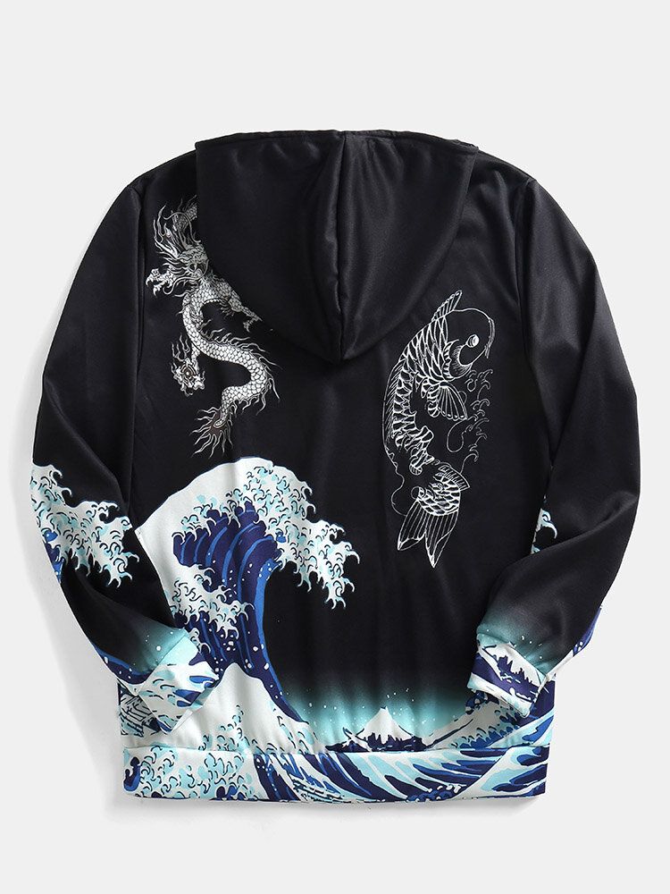 Vindtät Ukiyo-e Element Dragon Wave Mönster Svarta Luvtröjor Herr