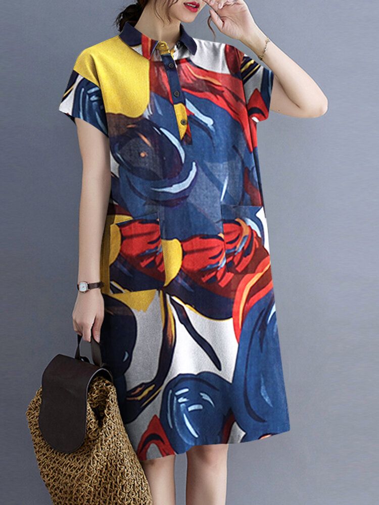 Blomma Abstrakt Painted Print Button Pocket Lapel Midi Dress