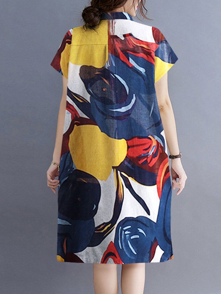 Blomma Abstrakt Painted Print Button Pocket Lapel Midi Dress